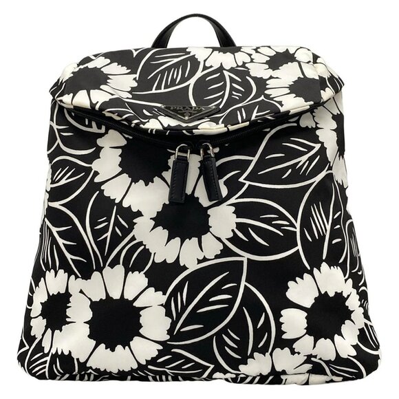 Auth PRADA - 2VZ095 Black White Tessuto Fiori (nylon) leather) Backpack - Picture 1 of 16